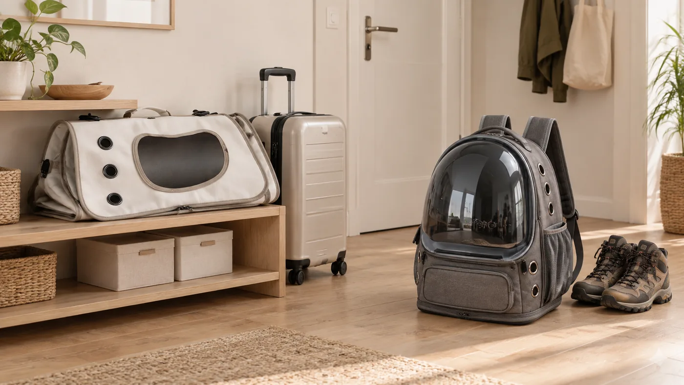 The shoulder bag and the bubble backpack standing side by side next to a suitcase