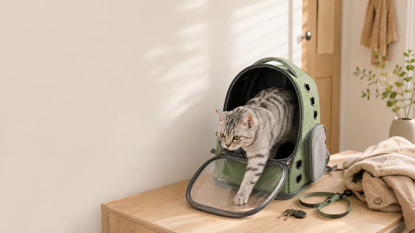A grey tabby cat stepping into an olive green carrier by a doorway, folded clothes beside it