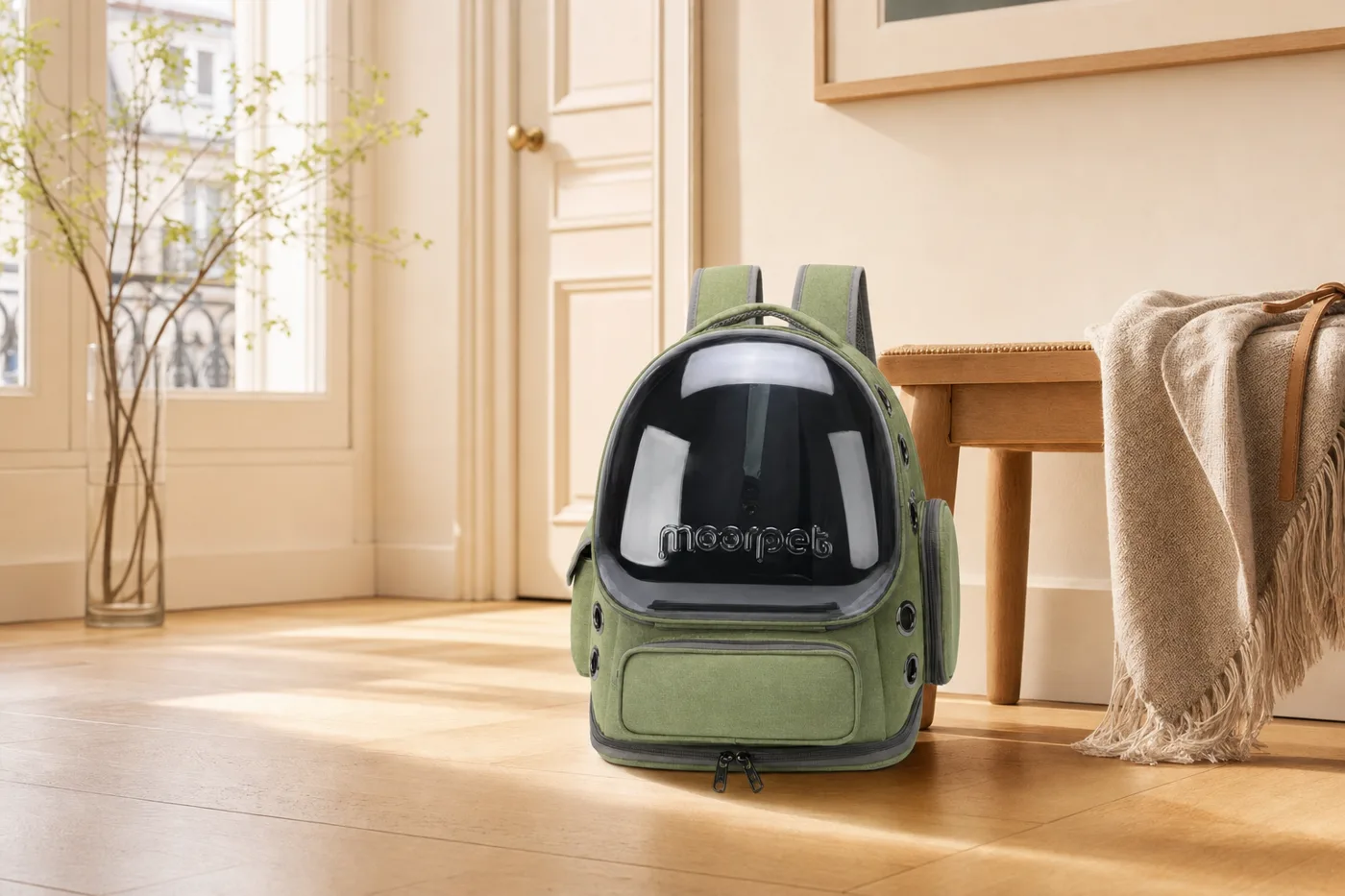 Olive green cat backpack with a clear bubble window, standing empty on the floor of a bright hallway