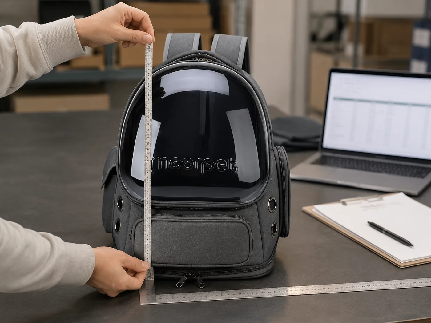 The backpack measured with a rule on a desk beside a laptop and notes