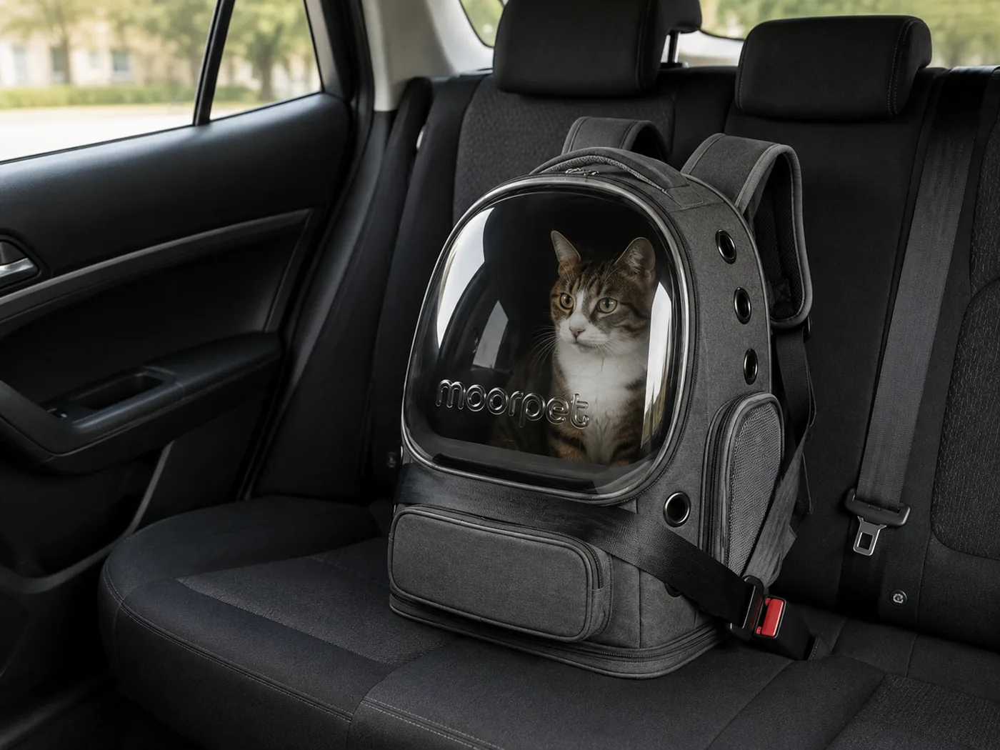 A soft cat carrier resting on a car rear seat with the seatbelt threaded through its strap, the cat visible through the front window