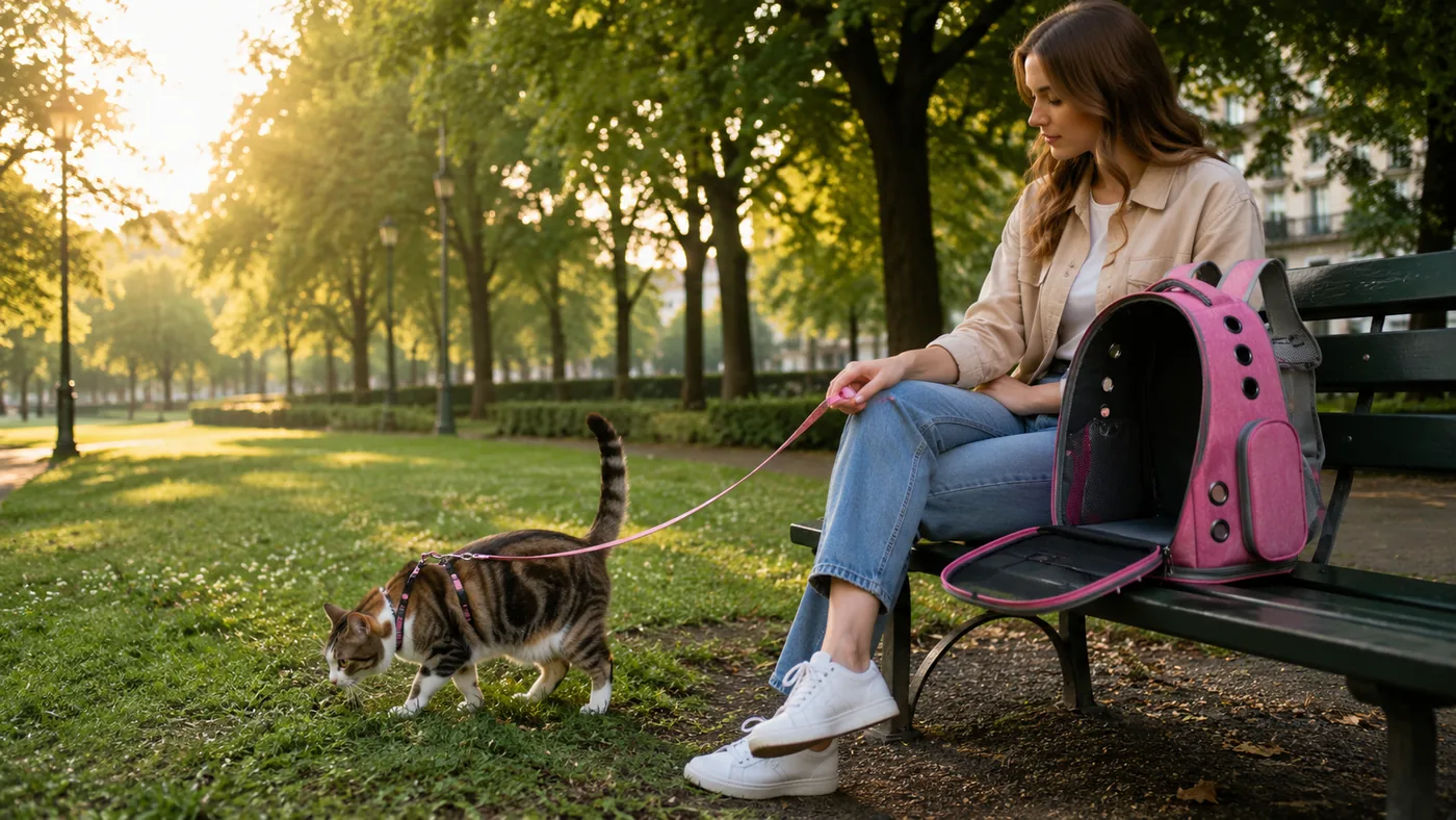 A person sitting on a park bench with a cat backpack beside them and the cat on a harness lead